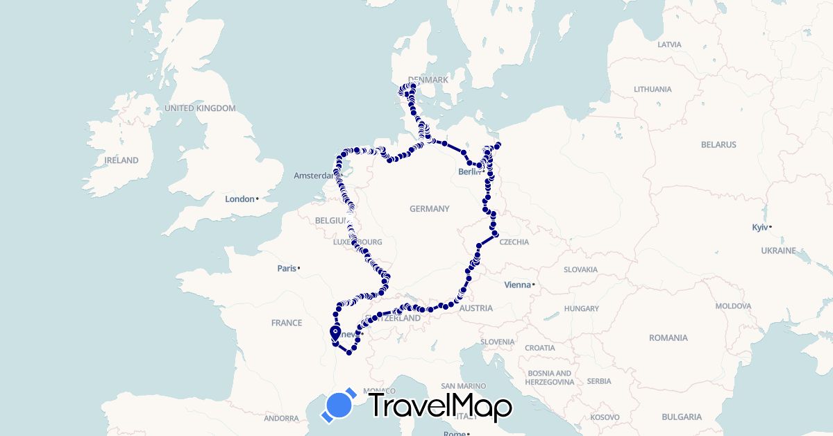 TravelMap itinerary: driving in Austria, Belgium, Switzerland, Czech Republic, Germany, Denmark, France, Liechtenstein, Luxembourg, Netherlands, Poland (Europe)