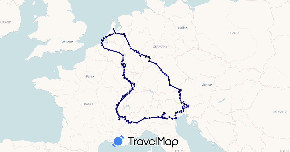 TravelMap itinerary: driving in Austria, Belgium, Germany, France, Italy, Luxembourg, Netherlands, Slovenia (Europe)